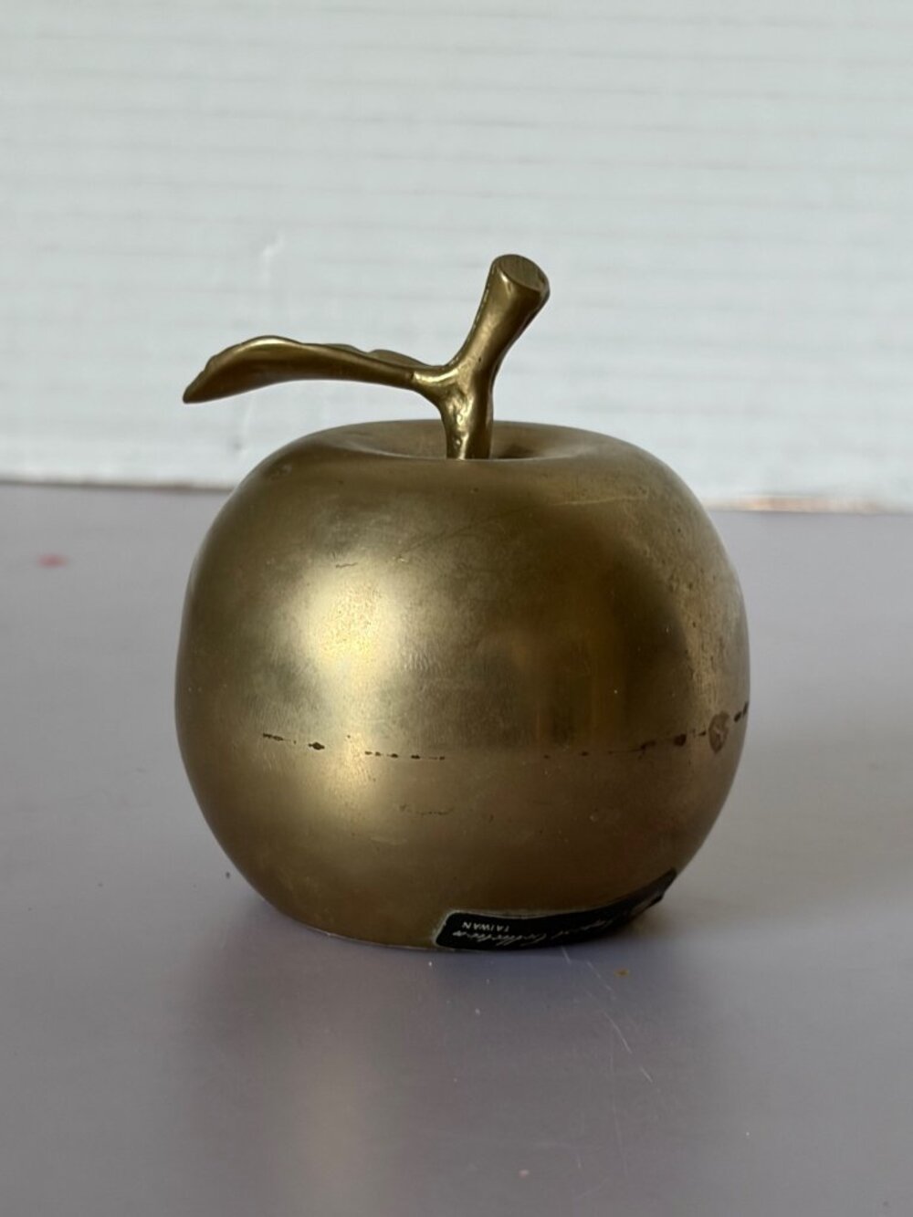 Vintage Brass Apple Paperweight With Leaf - The Import Collection Taiwan - Decor